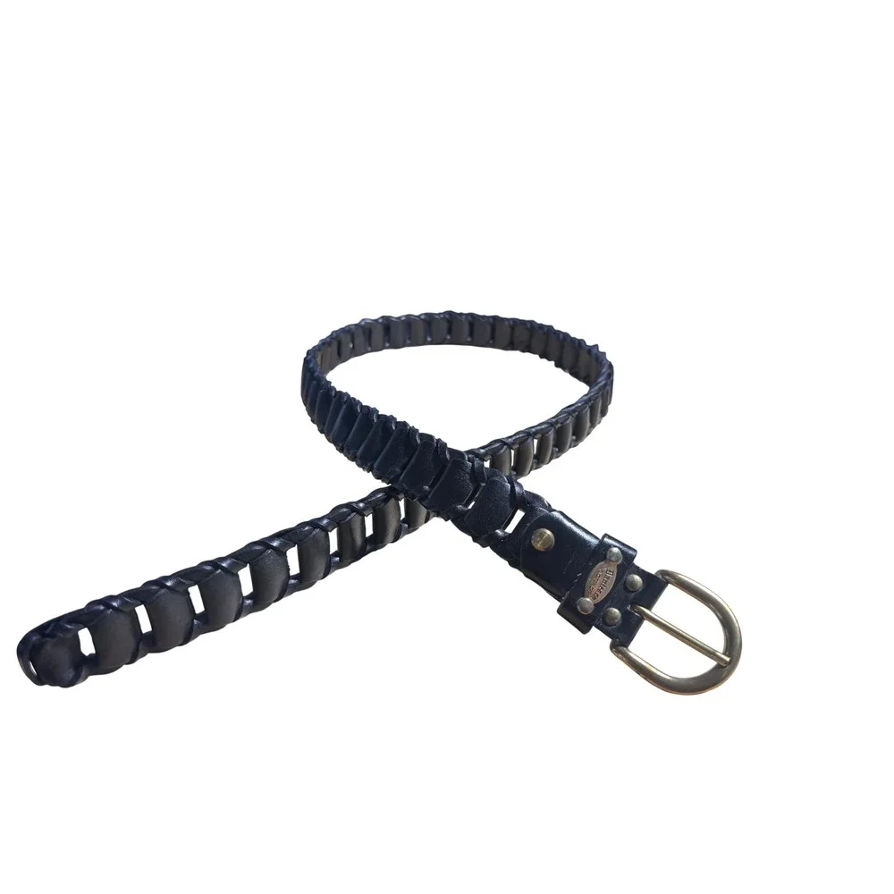 Bantesca Florence Mens Black  Leather Belt Italy Brass Buckle Woven Vtg 44